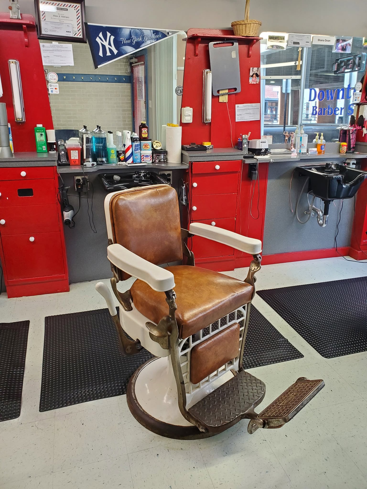 Vintage barber chair inside Downtown Barber Shop
